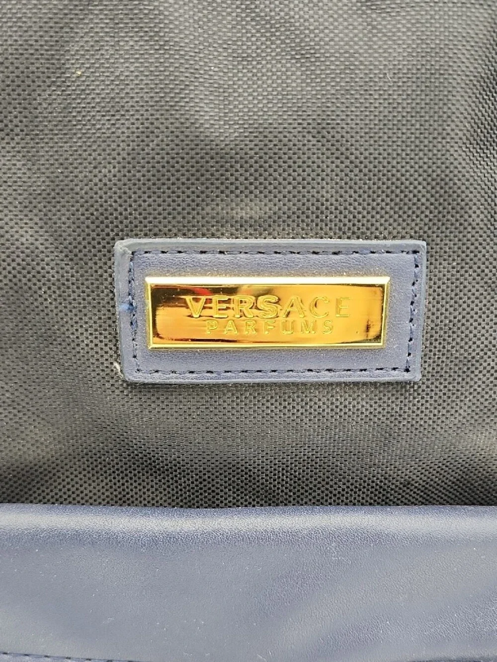 Versace Black and Blue Duffel Bag with Gold Logo Plate